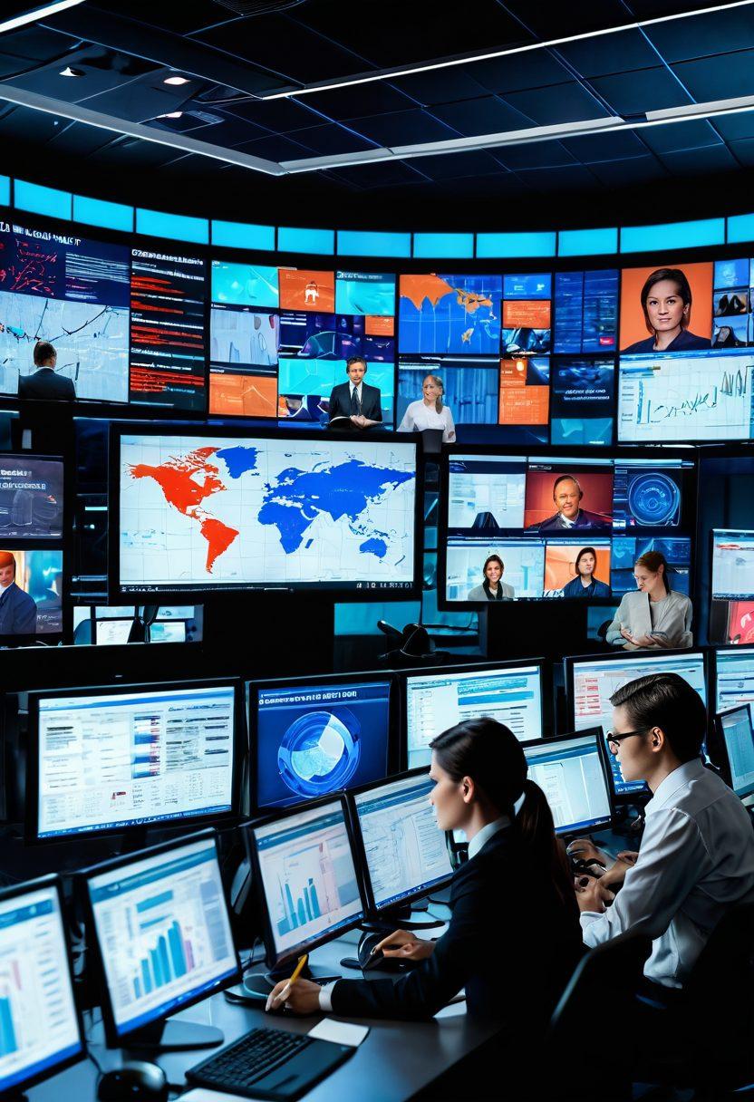 A dynamic newsroom filled with diverse journalists passionately engaged in investigative work, surrounded by screens displaying breaking news headlines and analysis charts. Include elements like a magnifying glass, notepad, and digital devices to symbolize research and discovery. The atmosphere should convey urgency and professionalism, with vivid lighting highlighting the intensity of their work. modern art style. vibrant colors. high-detail.