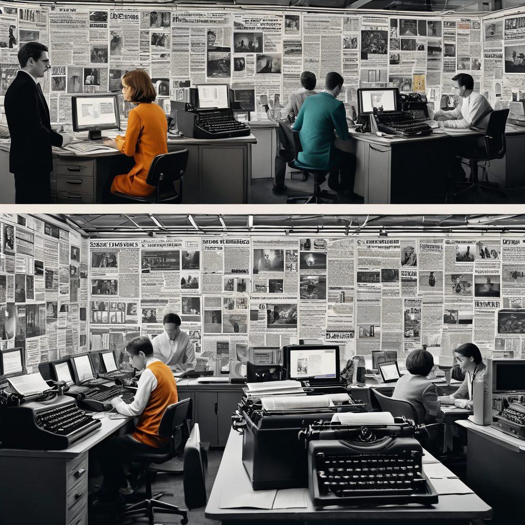 A split-screen illustration contrasting the past and present of news coverage: on one side, a vintage newspaper office with typewriters and journalists, and on the other, a modern digital newsroom with screens showcasing news apps and social media feeds. Include elements symbolizing storytelling evolution, like an open book transforming into digital pixels. Enthusiastic journalists are depicted on both sides, bridging the eras. vibrant colors. super-realistic.
