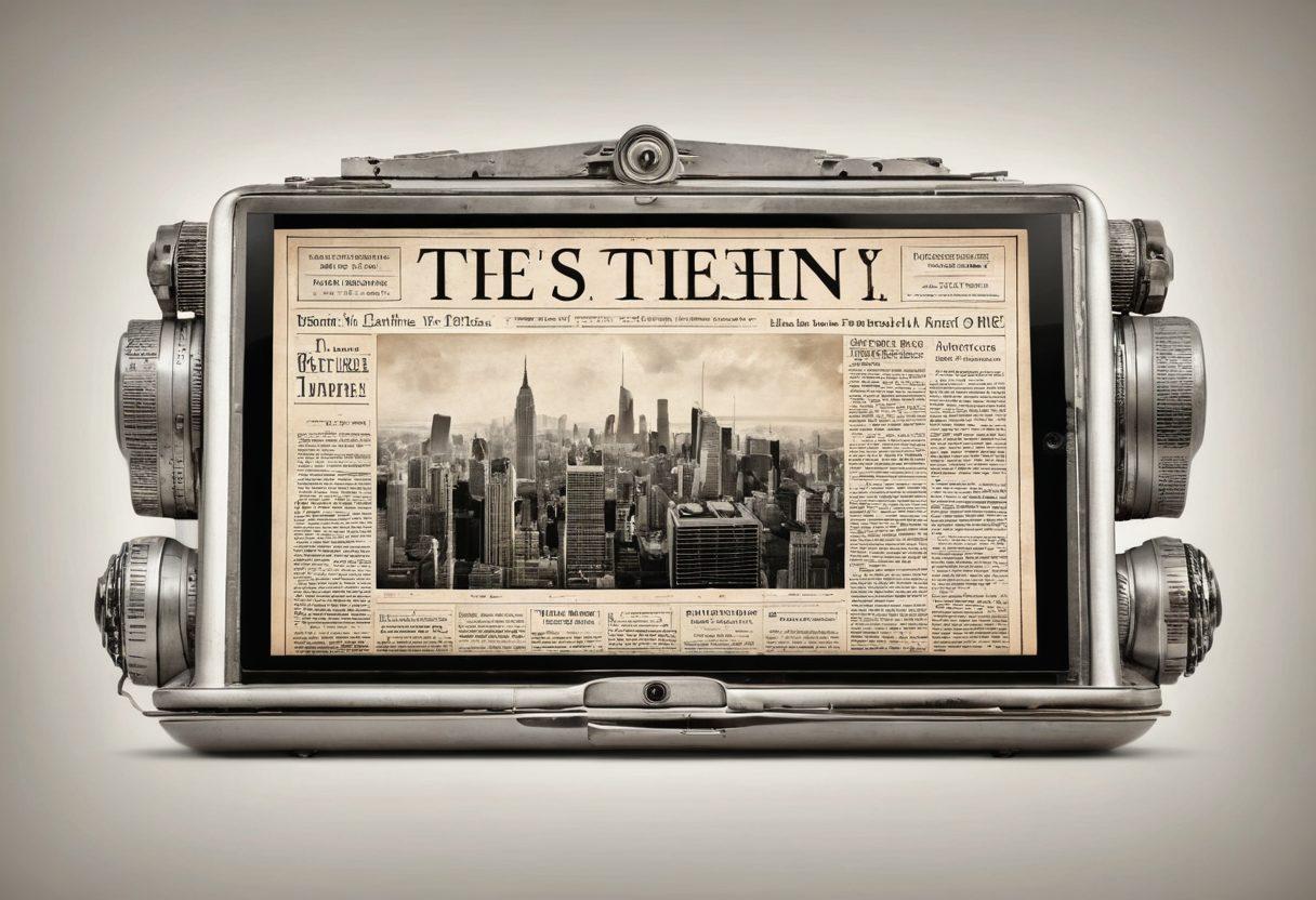 A vintage newspaper morphing into a digital tablet, symbolizing the evolution of investigative journalism. Surround this transformation with iconic icons of modern media such as a microphone, camera, and laptop. Add a flowing clock in the background to represent time, intertwined with the words 'Truth' and 'Integrity'. The scene should be set in a futuristic, semi-transparent cityscape. vibrant colors. semi-realistic.